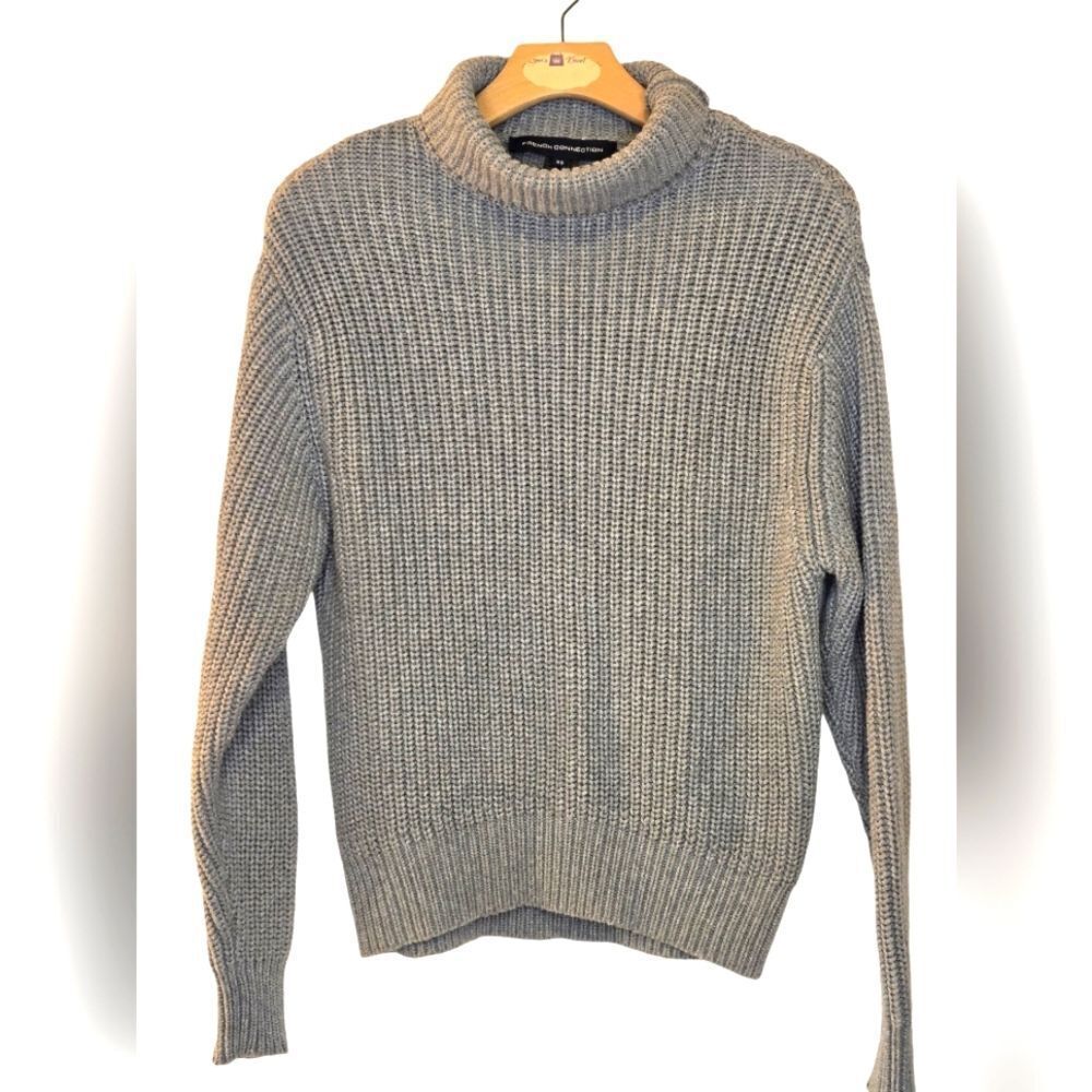 French Connection Cable Knit Fisherman Preppy Chunky Pullover Sweater XS Grey